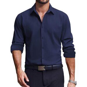 Coofandy Men Solid Navy Blue Long Sleeve Button Down Regular Fit Business Shirt